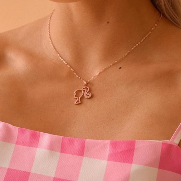 NEW 💗 Women's Rose Gold Barbie Dainty Necklace Logo Head Movie Sparkly Gift - Picture 3 of 10